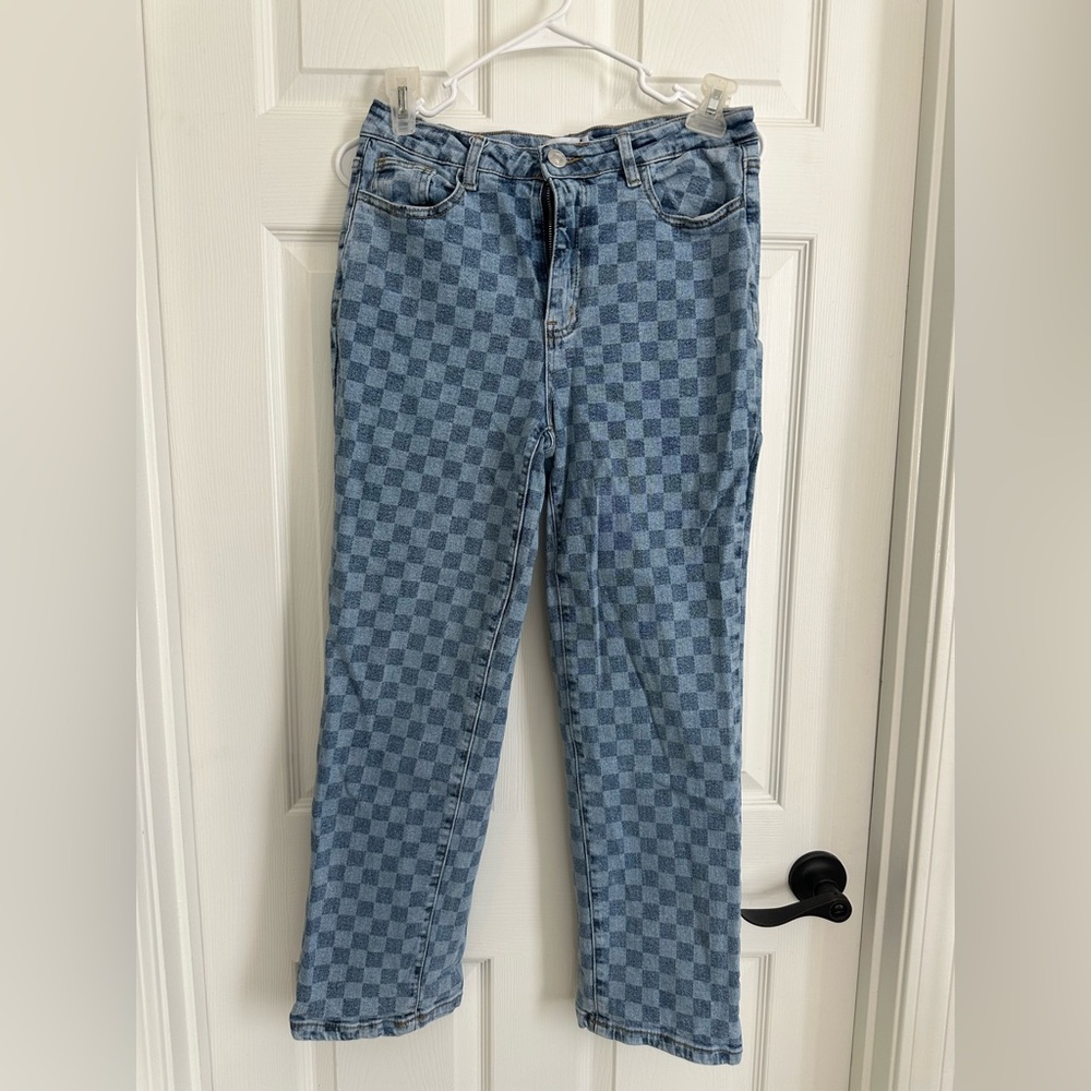 Blue checkered straight leg jeans